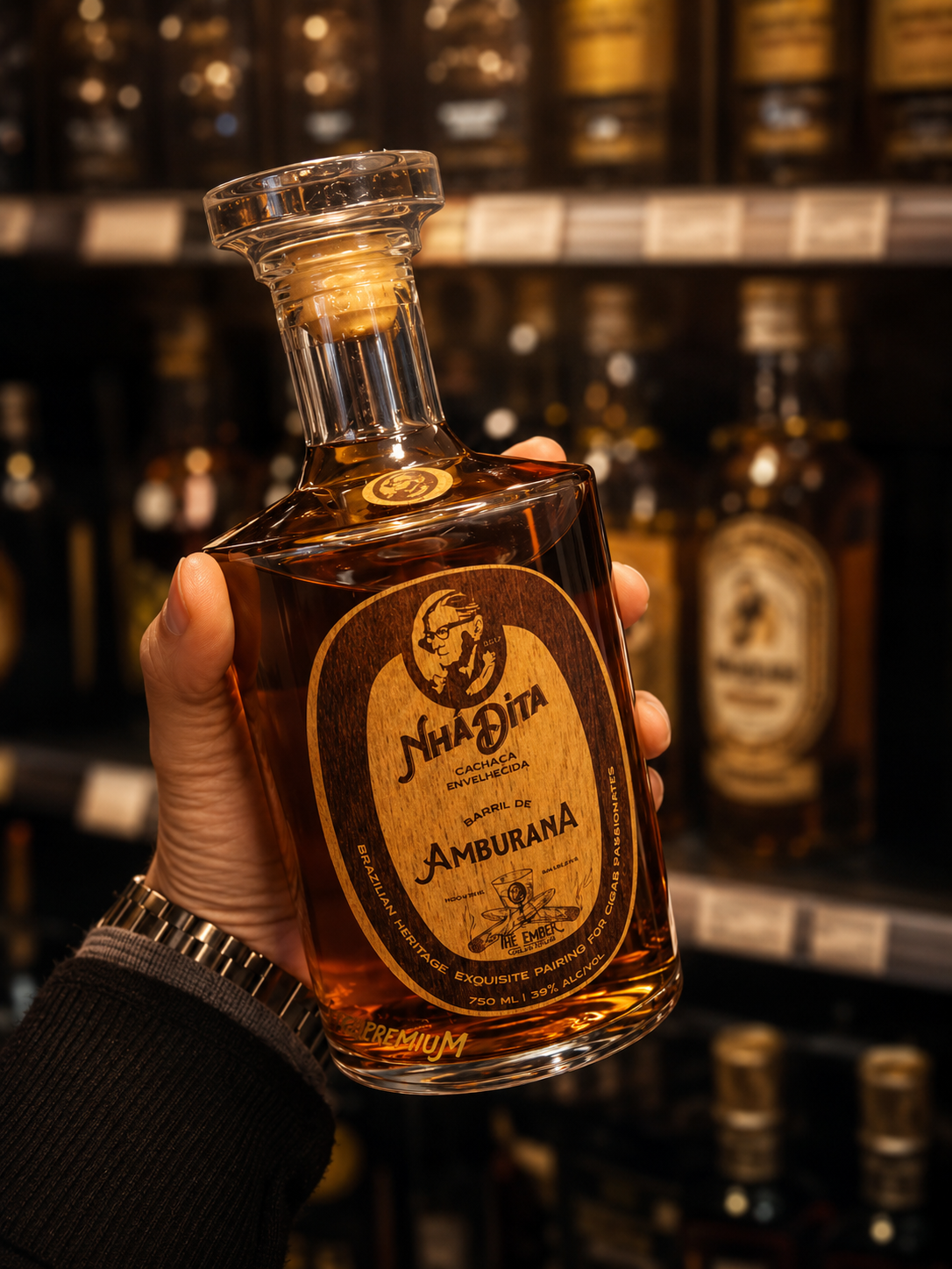 Garrafa Nhá Dita Amburana The Ember Collection em destaque